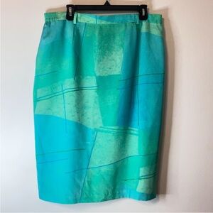 Vintage Devernois Watercolor Colorblock Skirt Size 16/18 Silk Lined Green/Blue